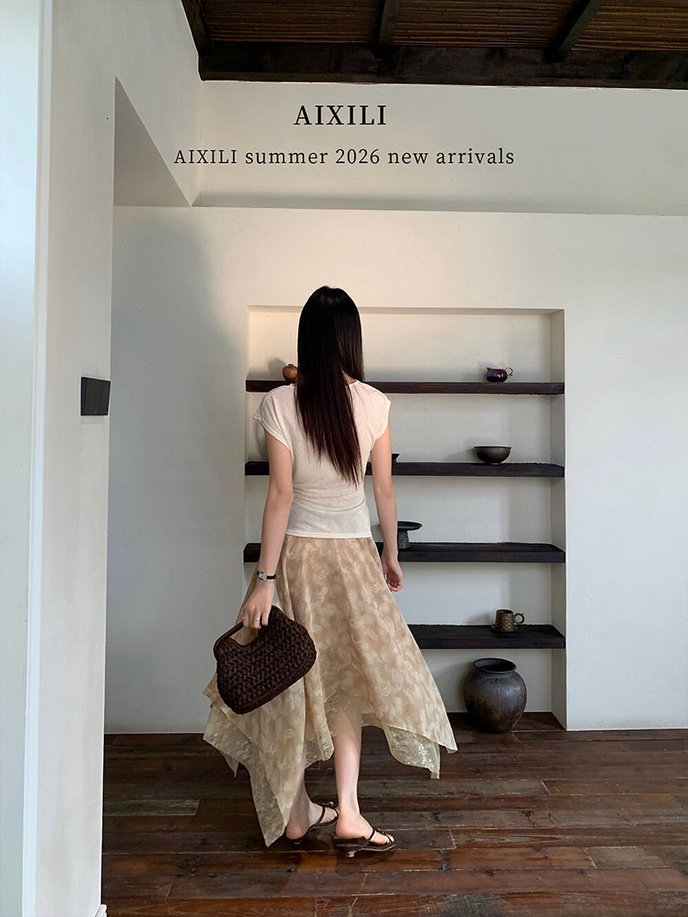 Thumbnail: AIXILI Premium Retro Print Irregular Midi Skirt (17031)