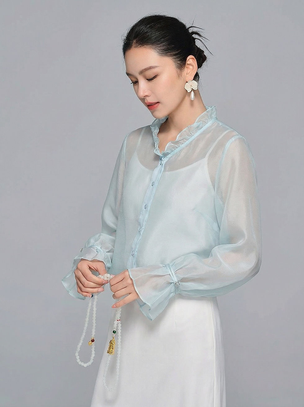 Thumbnail: Cervotessile Gentle V Neck Ruffled Long Sleeve Blouse (D003)