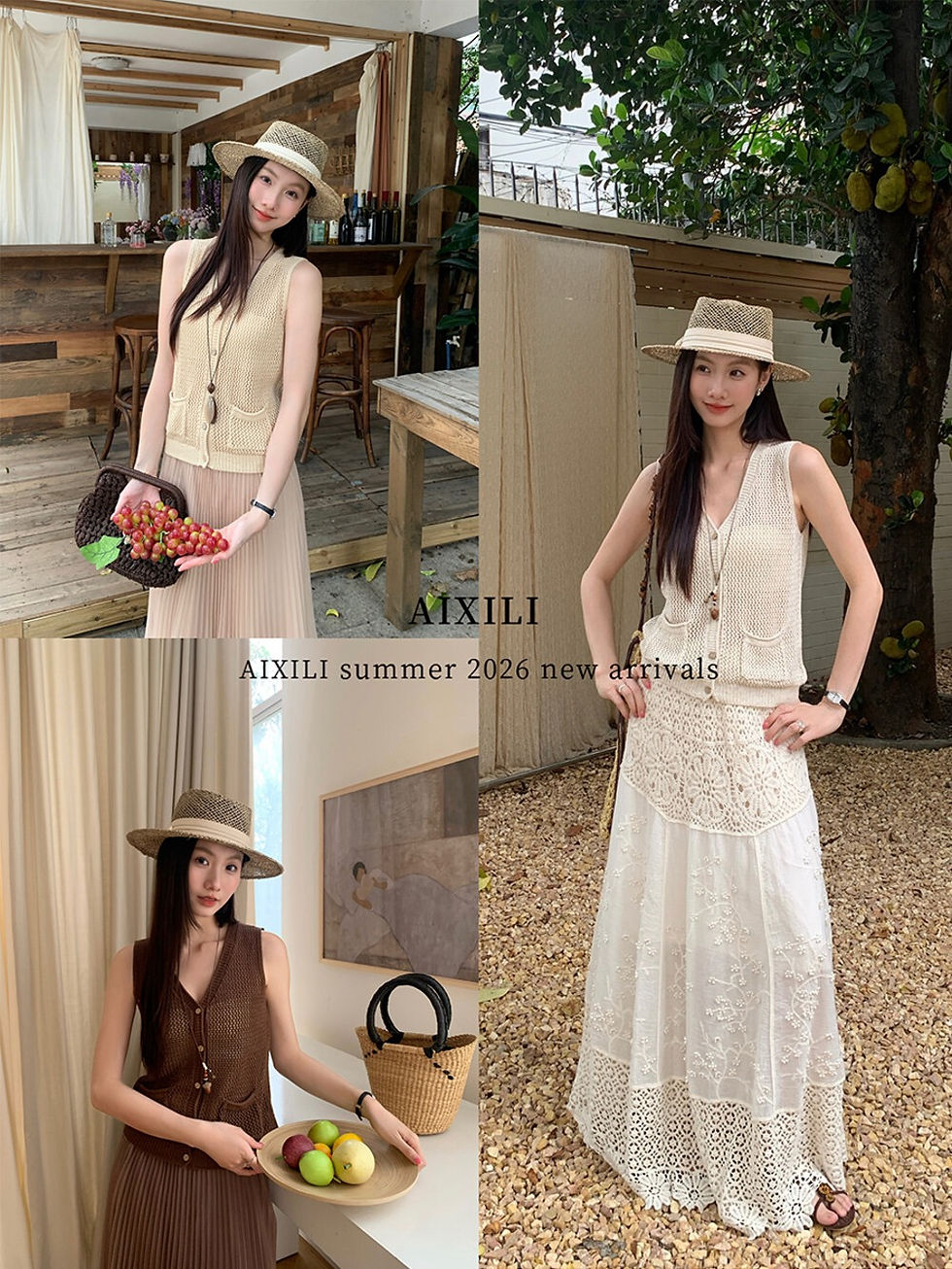 Thumbnail: AIXILI V-neck Hollow Knit Vest (17058)