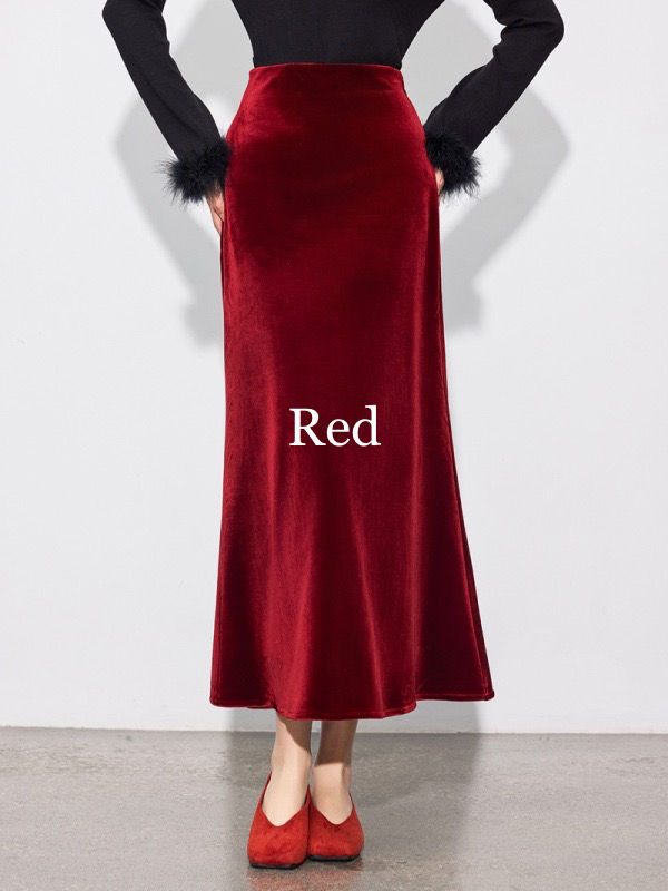 Thumbnail: Cervotessile Elastic High Waist Velvet Retro A-Line Midi Skirt (670)