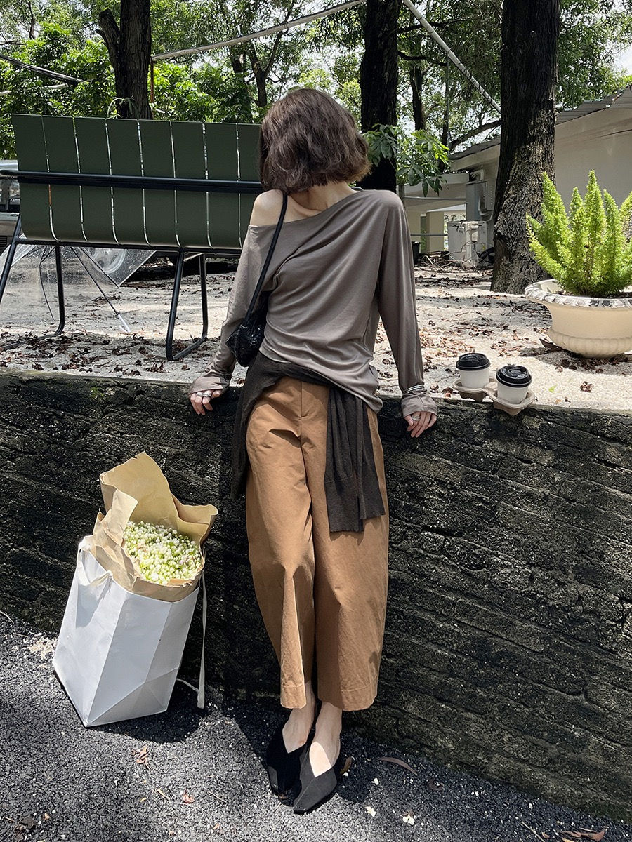 Thumbnail: Gracetina Hoo French Relaxed Fit Linen Wide-Leg Cropped Casual Trousers (KA9125)