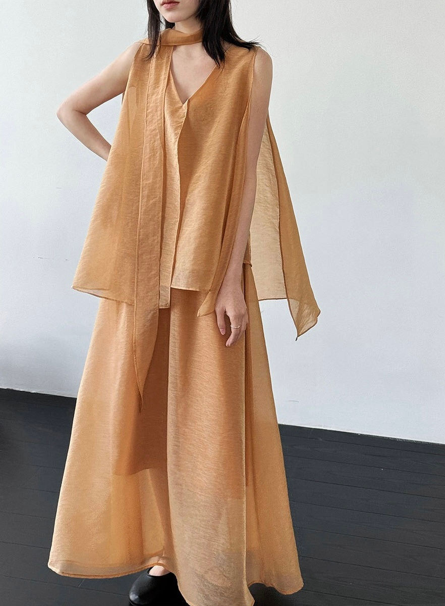 Thumbnail: Luxi Sleeveless Top with Ribbon and Skirt Two-Piece Sets (99029)