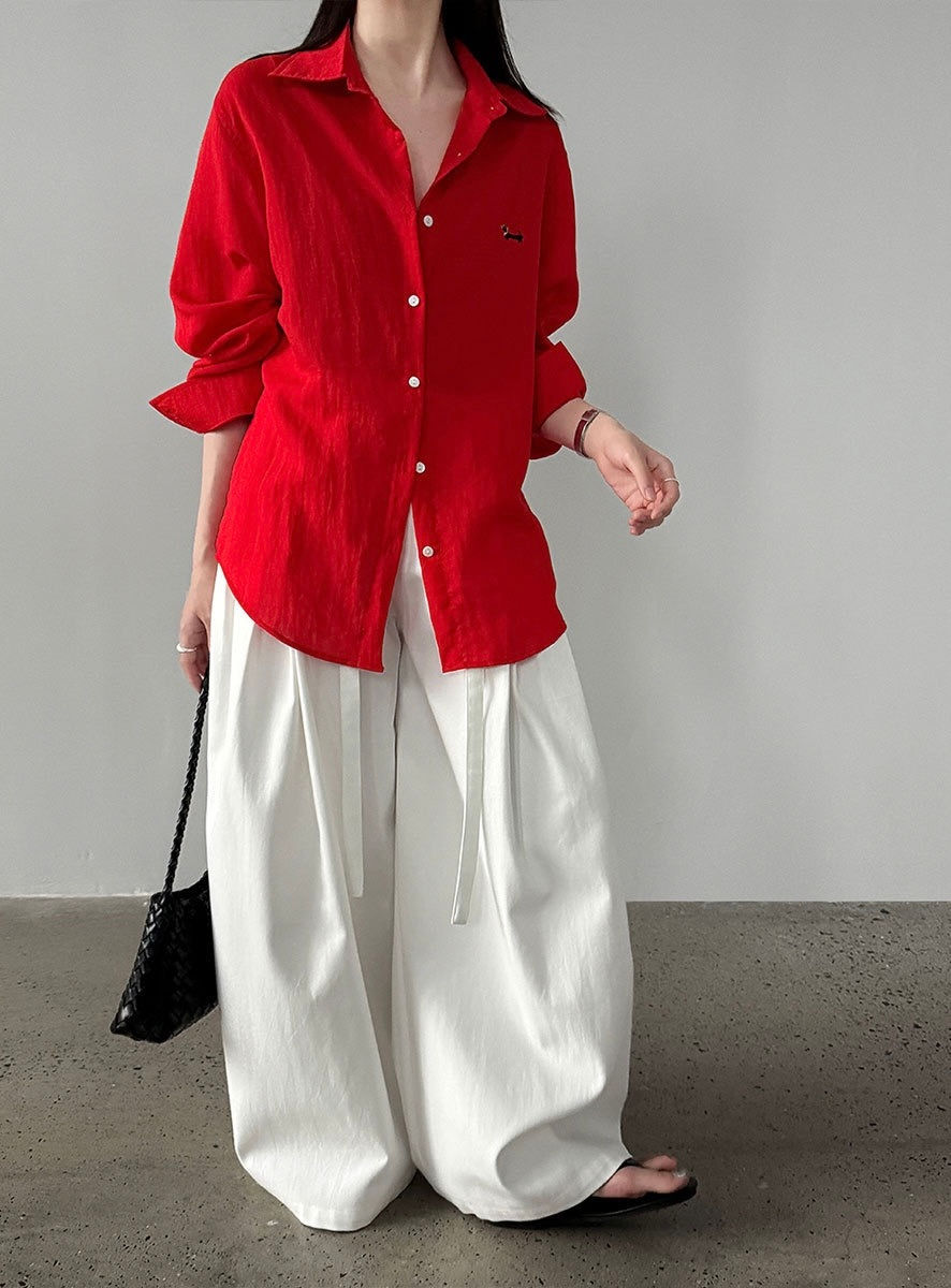 Thumbnail: Luxi Korean Style Embroidery Puppy logo Lightweight Linen Shirt (3909)