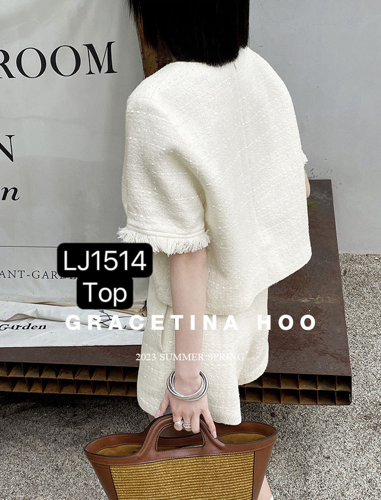 Thumbnail: Gracetina hoo Round Neck Tweed Design Short Sleeve Top