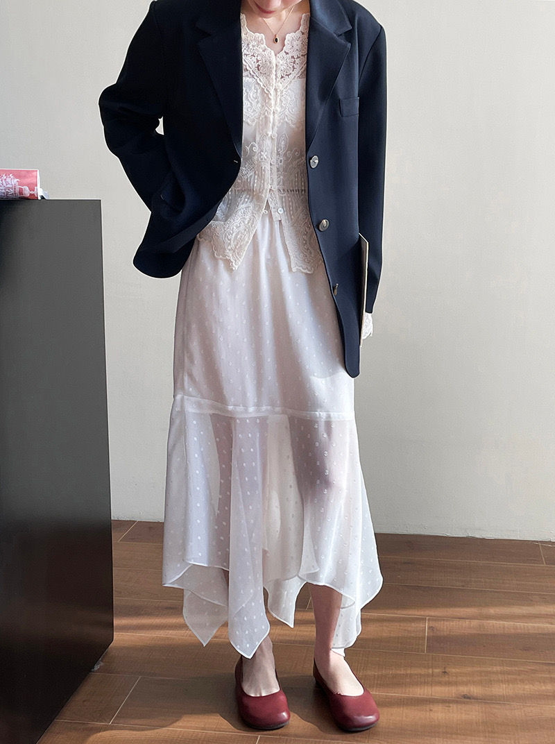 Taochuan Korean style white polka dot gauze skirt irregular skirt (2673)