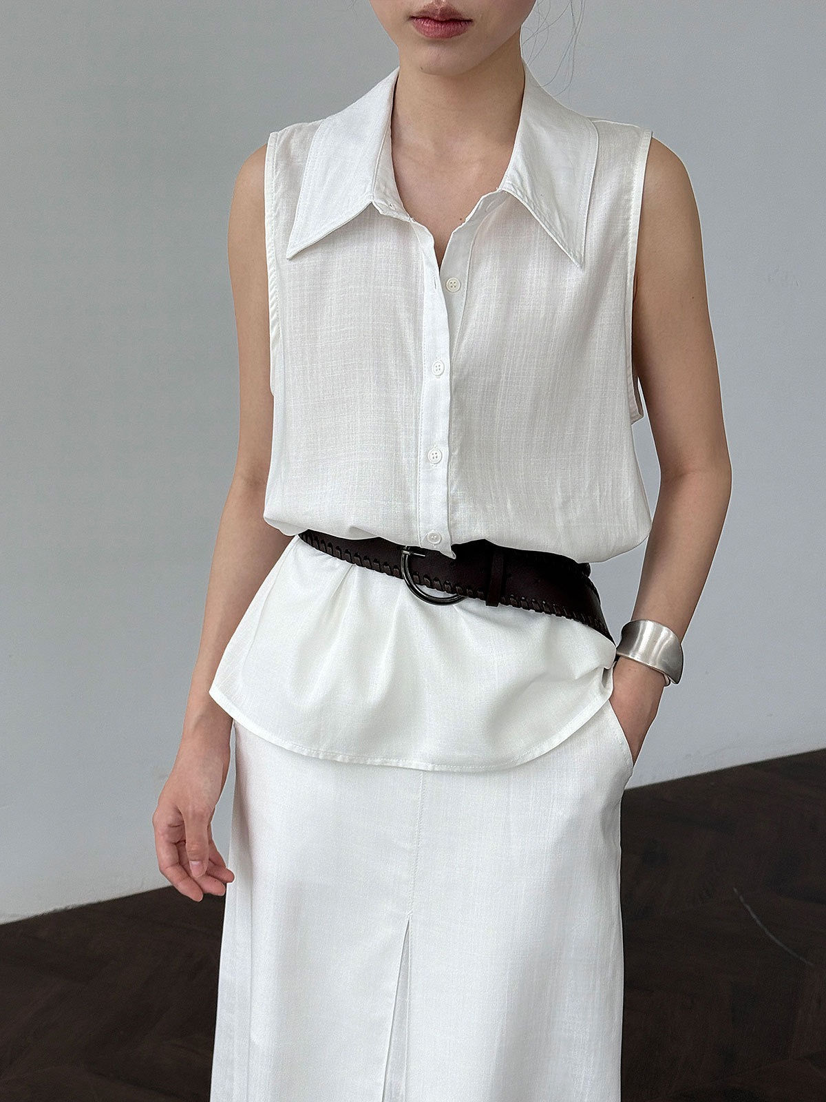 Luxi Retro Loose Sleeveless Shirt + Pleated Skirt with Belt Set (3633)