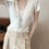 Thumbnail: Gracetina hoo French style U-neck simple short sleeve high-elastic knitted top (
