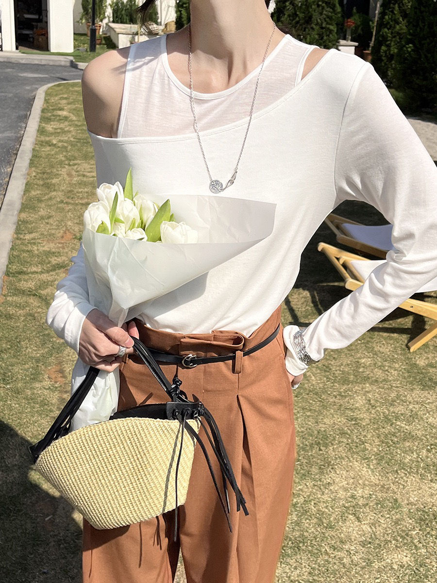 Gracetina Hoo Simple Asymmetrical Crossover Faux Two-Piece Long-Sleeve T-Shirt T