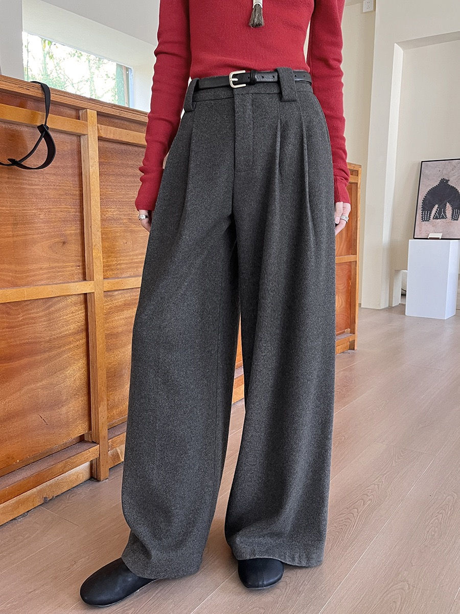 Gracetina Hoo Winter Minimalist Hig Waist Wool Wide Leg pants (KA774)
