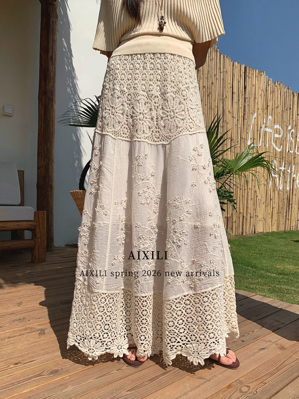 AIXILI Embroidery Floral Midi Skirt (Elastic Waistband) (17008)