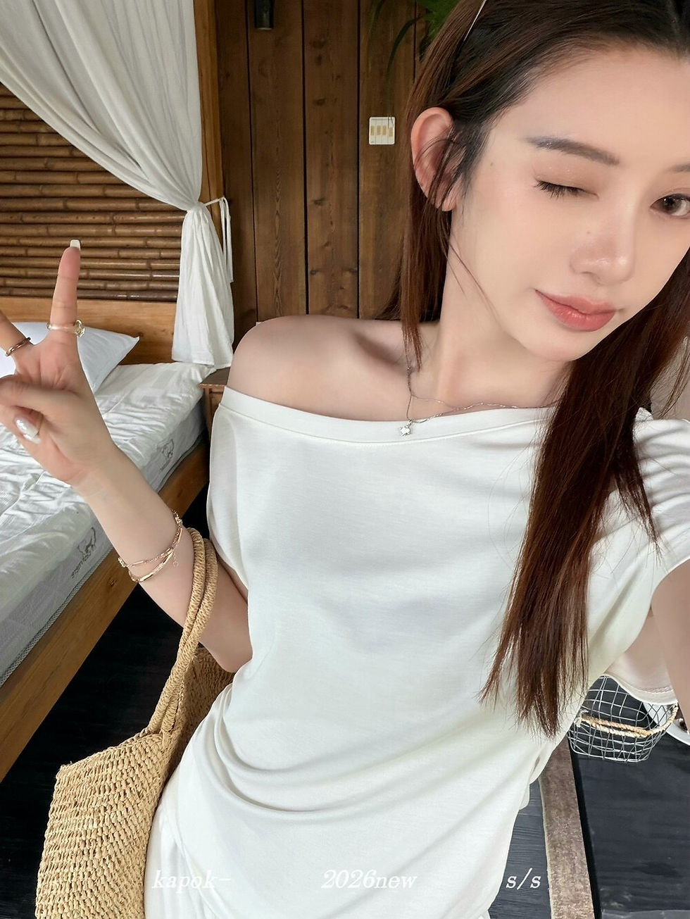 Thumbnail: KAPOK Korean Style Short Sleeve T-Shirt with Off-Shoulder Design and Elastic Wai