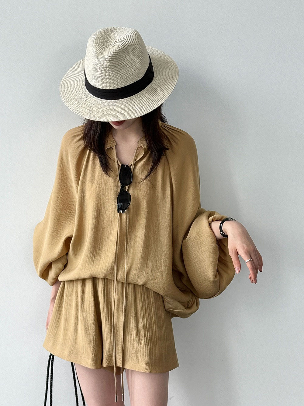 Luxi Tie neck Stand Collar Shirt + High Waist Wide Leg Shorts Two Piece Sets (89