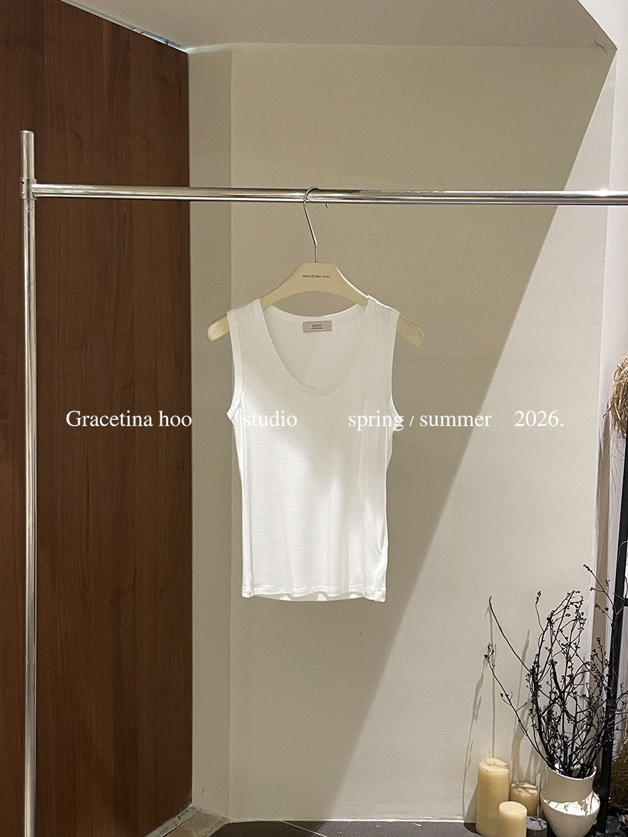 Thumbnail: Gracetina Hoo Minimalist Slim Fit Solid Color Tencel Wide U-Neck Top (BXB236)