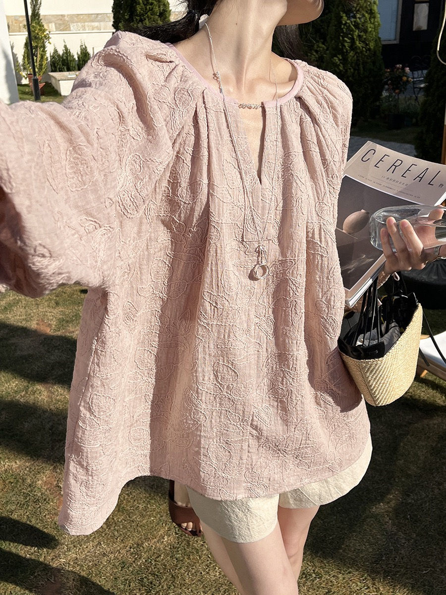 Gracetina Hoo Korean Style 100% Cotton Chain Embroidery Relaxed Shirt (CSA857)