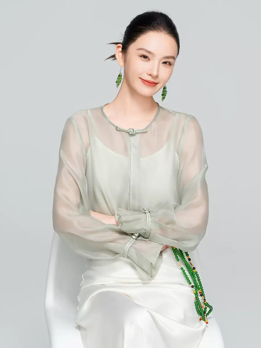 Thumbnail: Cervotessile New Chinese Style Light Chiffon Round Neck Long Sleeve Top (D002)