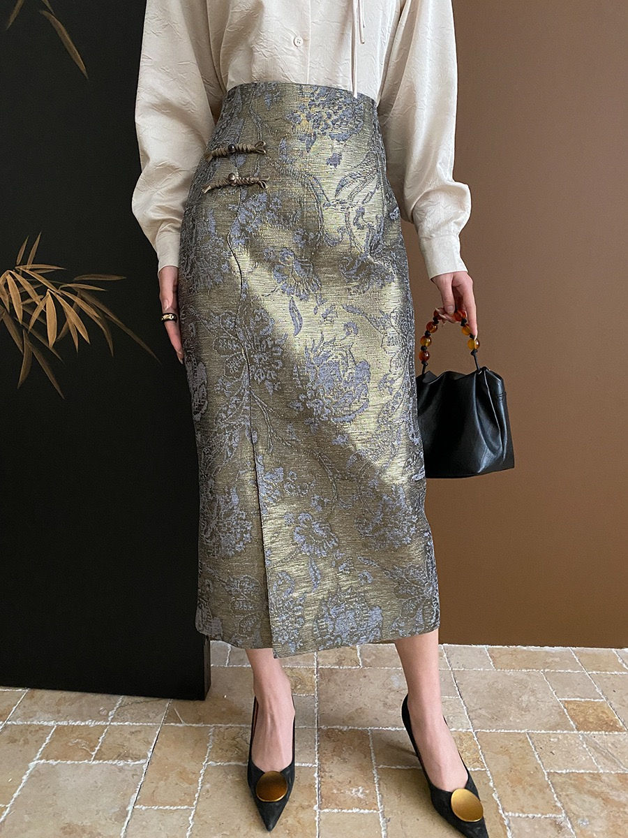 Sinan New Chinese Style Jacquard Side Button Slit Skirt
