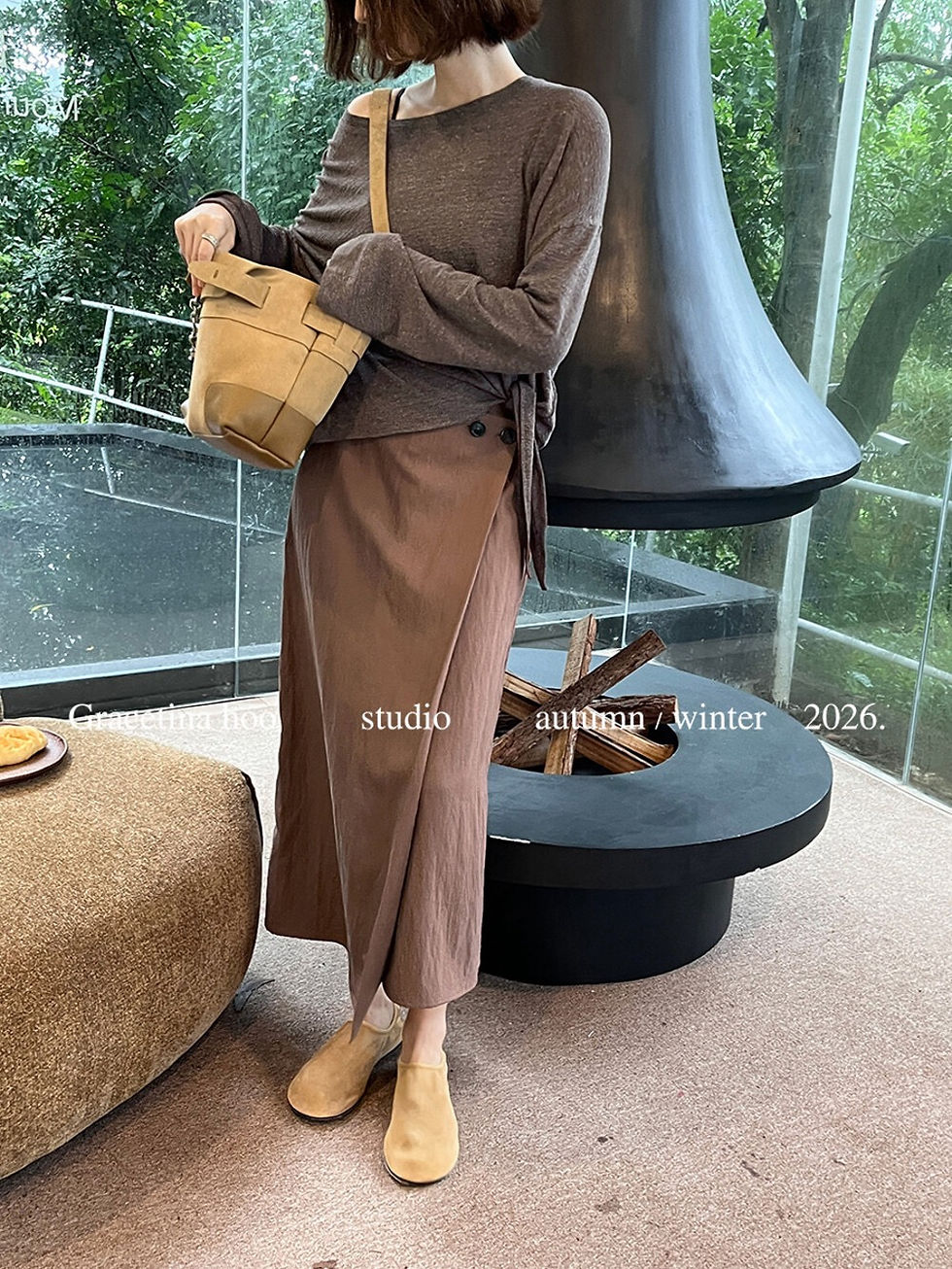 Thumbnail: GRACETINA HOO French-style Tencel Linen Two-Button Wrap Skirt (BQA6081)