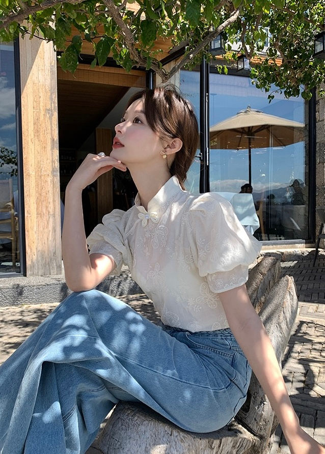 NEWOPEN New Chinese-style button stand collar embroidere puff sleeve top