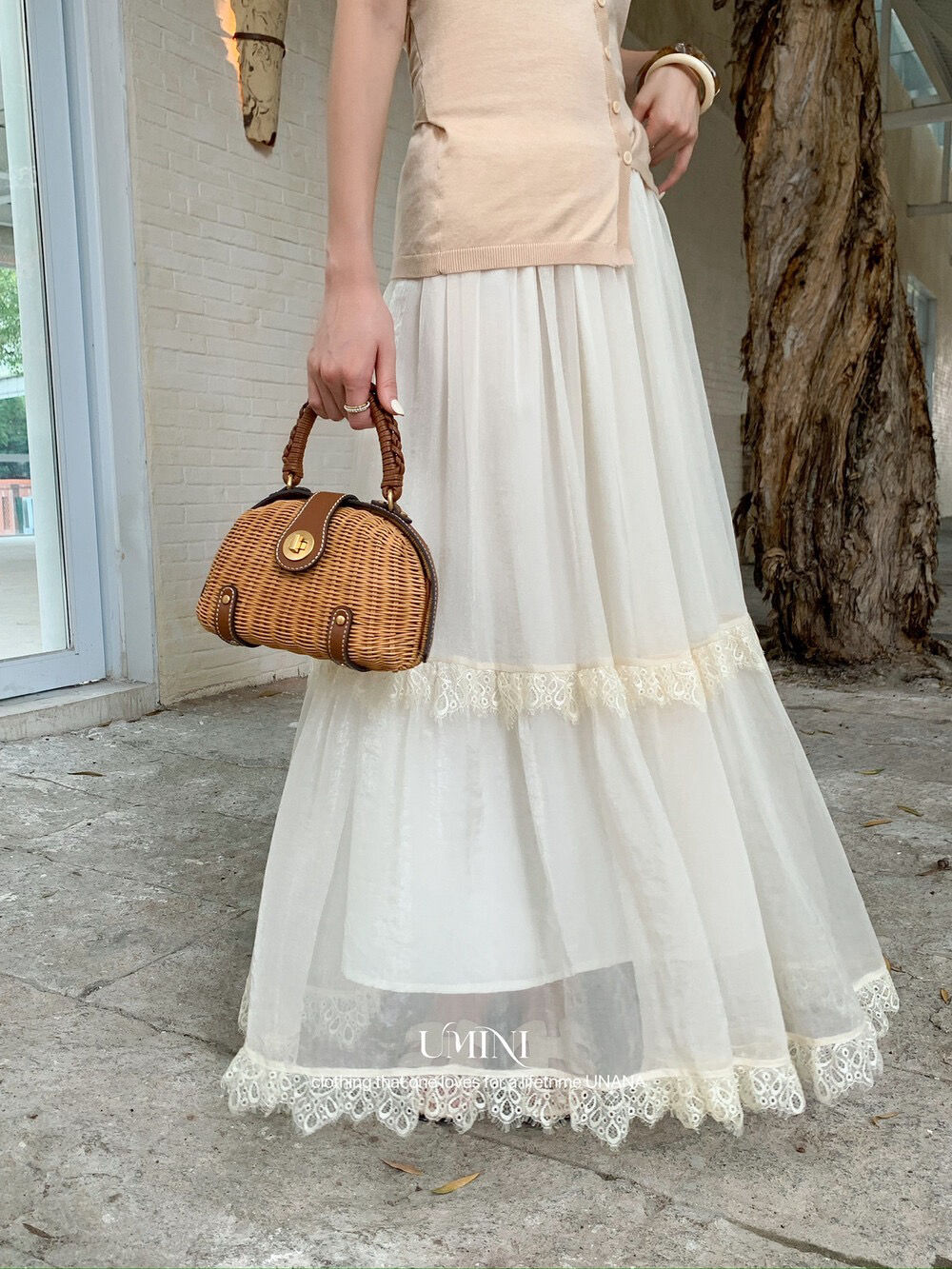 U+MINI French Style Lace Trimmed Soft Tulle Double Layer Cake Skirt (D5689)