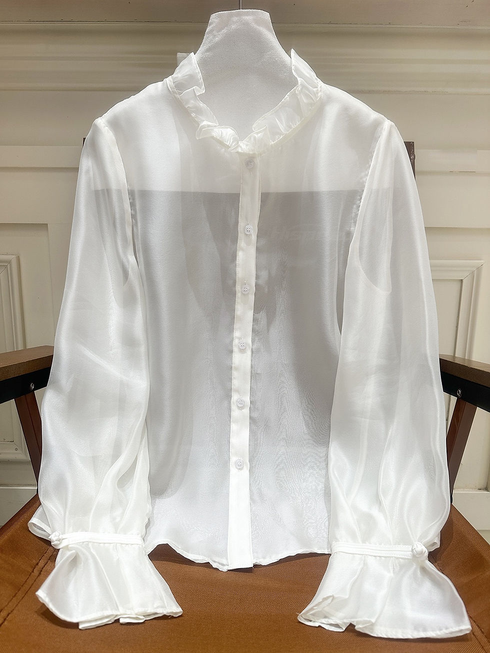 Thumbnail: Cervotessile New Chinese Style Gentle Chiffon Round Neck Ruffled Long Sleeve Blo