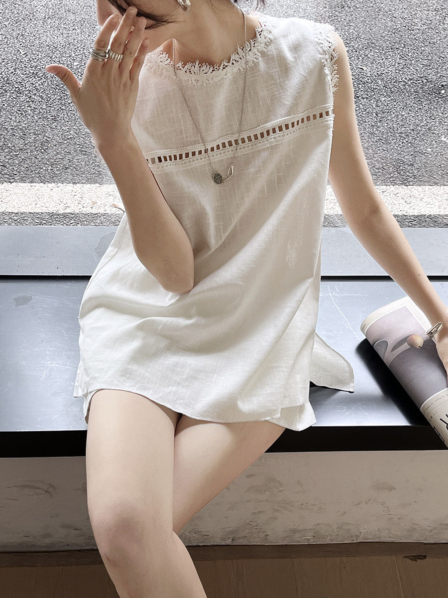 Thumbnail: Gracetina hoo Linen Lace Sleeveless Top + Shorts Sets (TZA953)