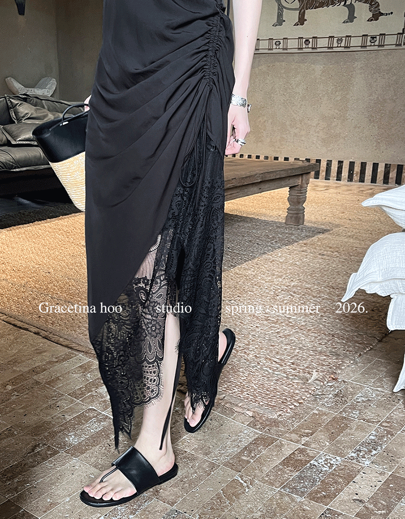 Thumbnail: Gracetina Hoo French style Tencel Cotton Irregular Lace-trimmed Slip Dress (LYA9