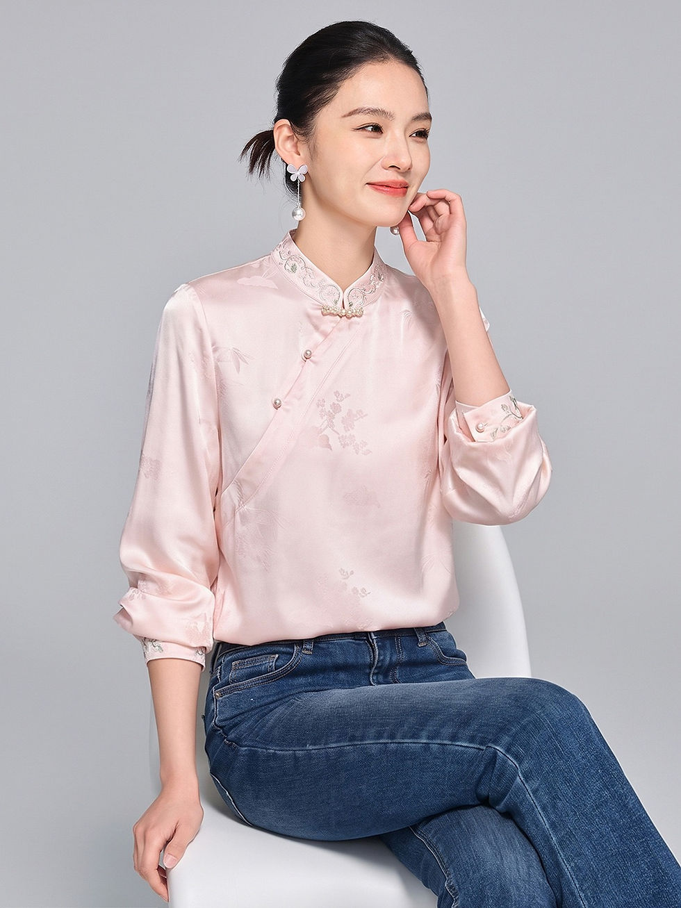 Thumbnail: Cervotessile New Chinese Style Satin Jacquard Top with Embroidery Cuffs and Chin