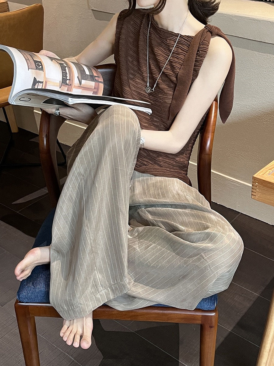Thumbnail: Gracetina Hoo Simple Relaxed Tencel Striped Elastic Waist Casual Pants (KA6120)