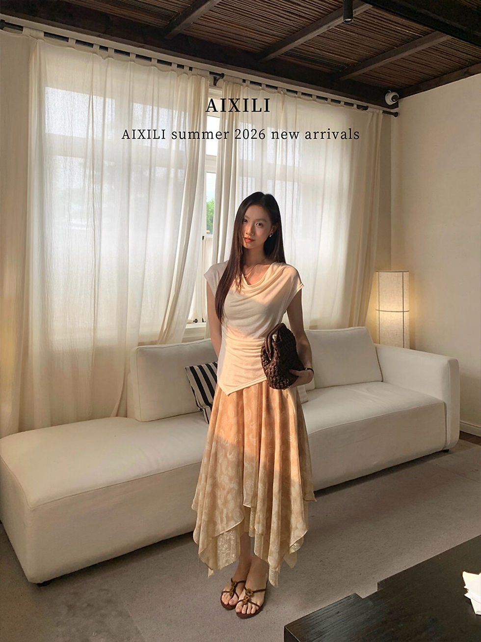 Thumbnail: AIXILI Premium Retro Print Irregular Midi Skirt (17031)