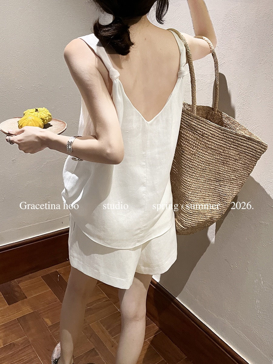 Thumbnail: Gracetina Hoo French Style Linen Backless Tank Top and Shorts Sets (TZA455)