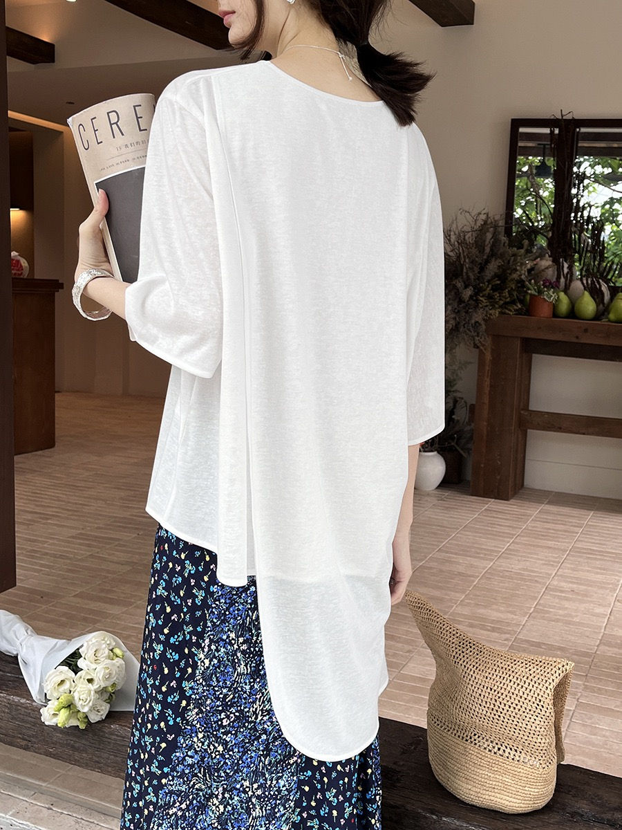 Thumbnail: Gracetina Hoo Minimalist Design Tencel Irregular Crew Neck Short Sleeve T-Shirt