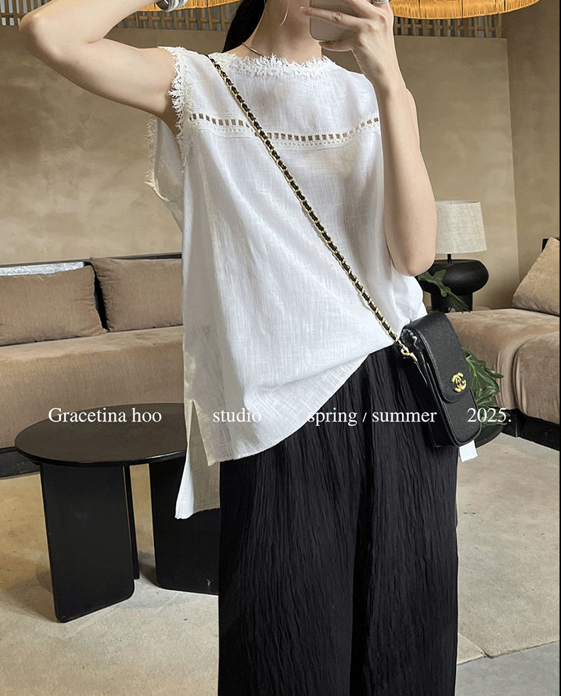 Thumbnail: Gracetina hoo Linen Lace Sleeveless Top + Shorts Sets (TZA953)