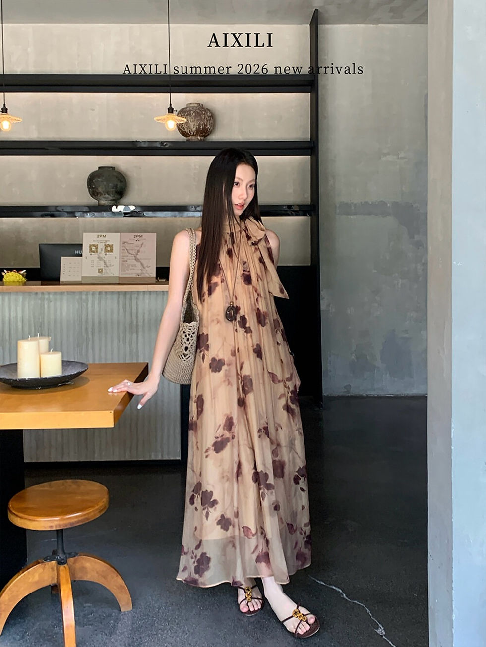 Thumbnail: AIXILI Retro Print Halter Neck Tie Dress (A2227)