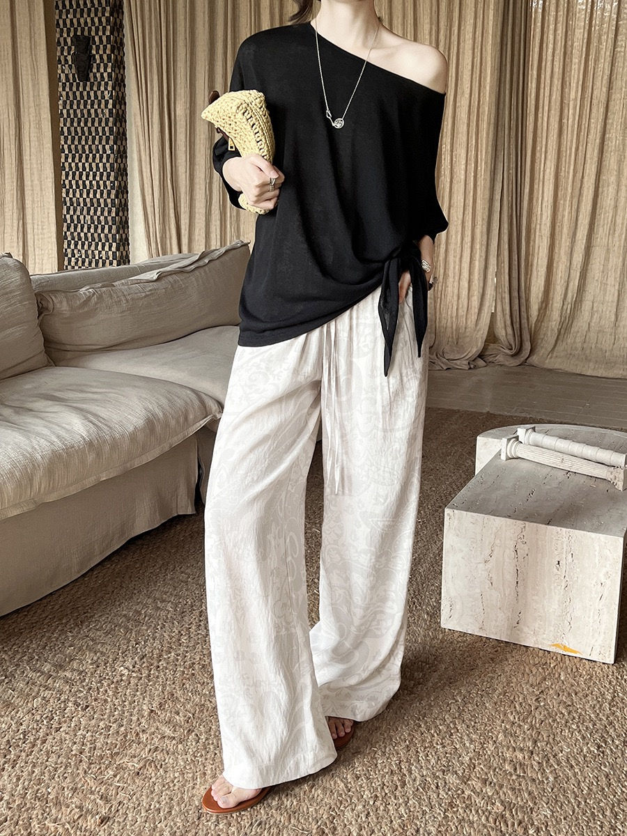 Thumbnail: Gracetina Hoo Resort Style Jacquard Wide Leg Pants Drawstring Casual Trousers (K