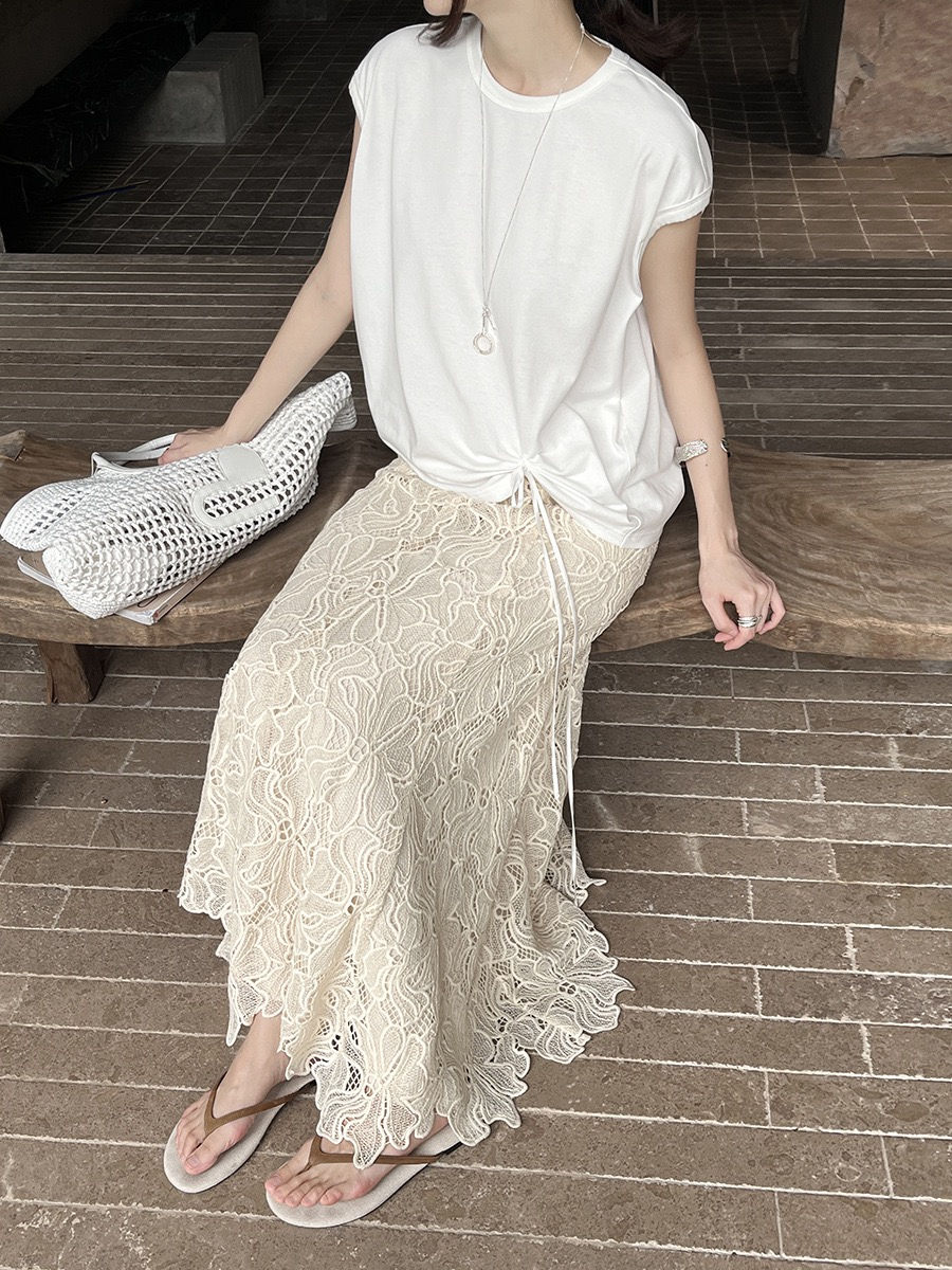 Thumbnail: Gracetina Hoo French-style Tie-up Irregular Crew Neck T-Shirt Top (TB8129)