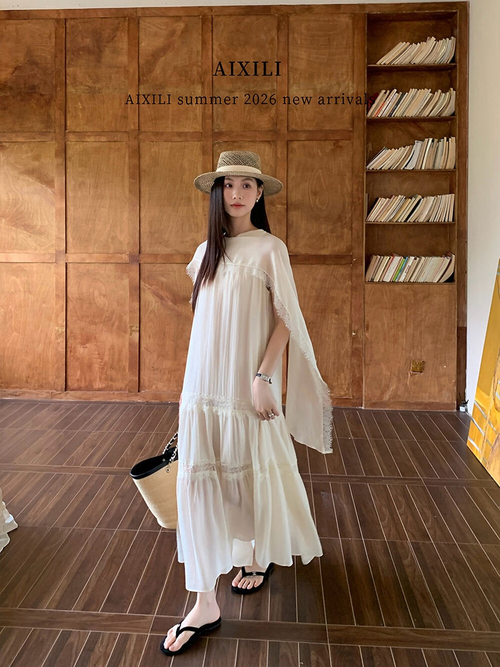 Thumbnail: AIXILI Relaxed, Elegant Lace-Trimmed Ribbon Dress (17097)