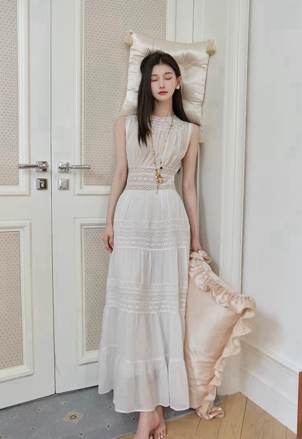 Thumbnail: Holiday Lace Patchwork Sleeveless Dress with Waist (2373)