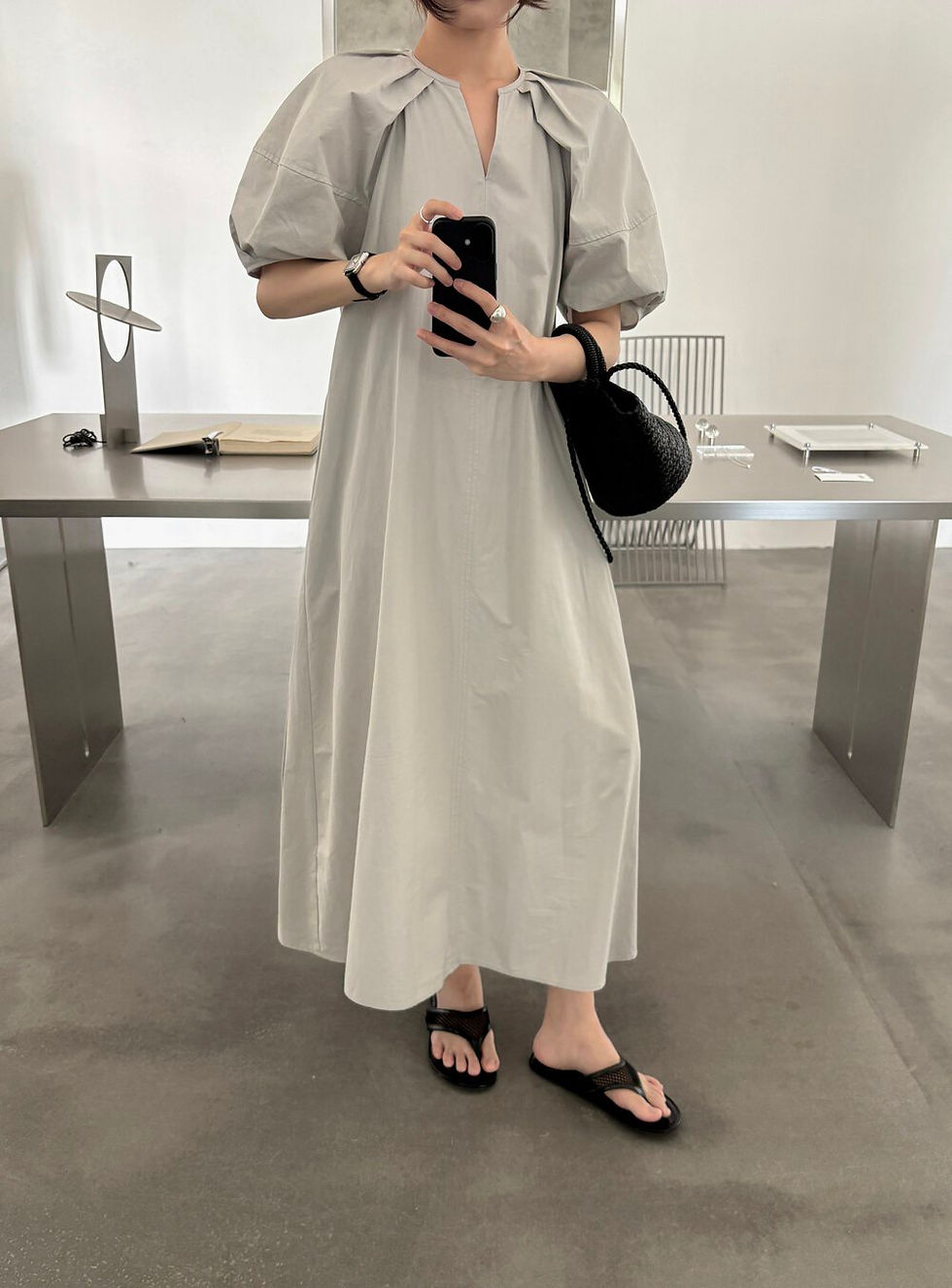 Thumbnail: T.G. Puff Sleeve V-Neck Dress (with drawstring waist) (26678)