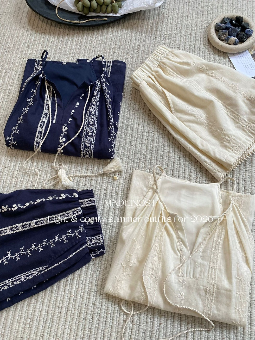 Thumbnail: MADEIN OST Resort Style Cotton Embroidery Vest + Casual Shorts Two-Piece Sets (9
