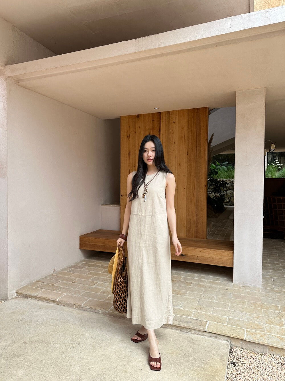 THE WANG Minimalist Solid Color Sleeveless Long Dress (Q6662)