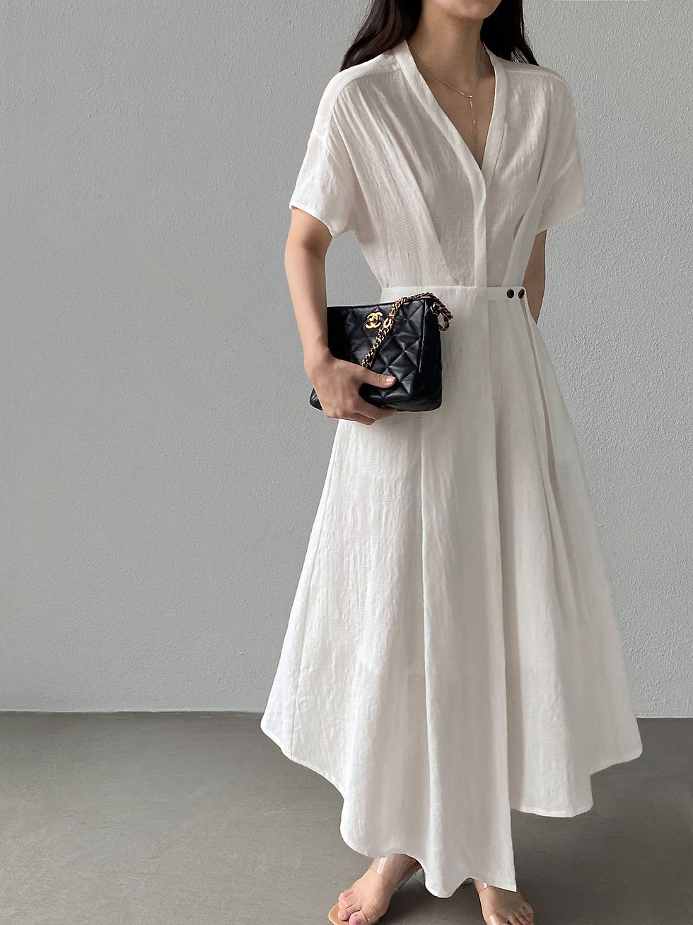 Thumbnail: Jiangzuo French Style Solid Color Slim Fit Waist Dress (1955)