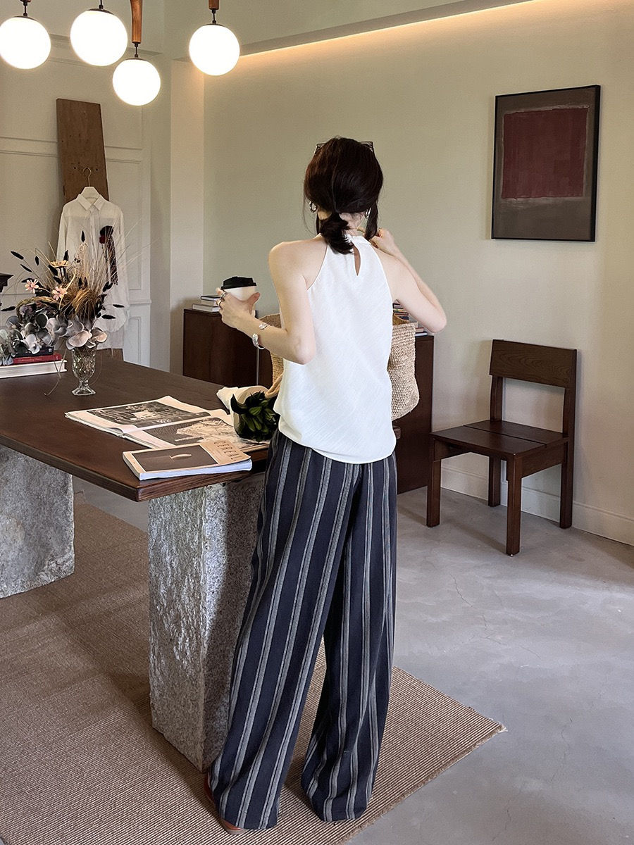 Thumbnail: Gracetina Hoo Beaded Tie-Waist Ramie Stripe Tencel Elastic Waist Wide Leg Pants