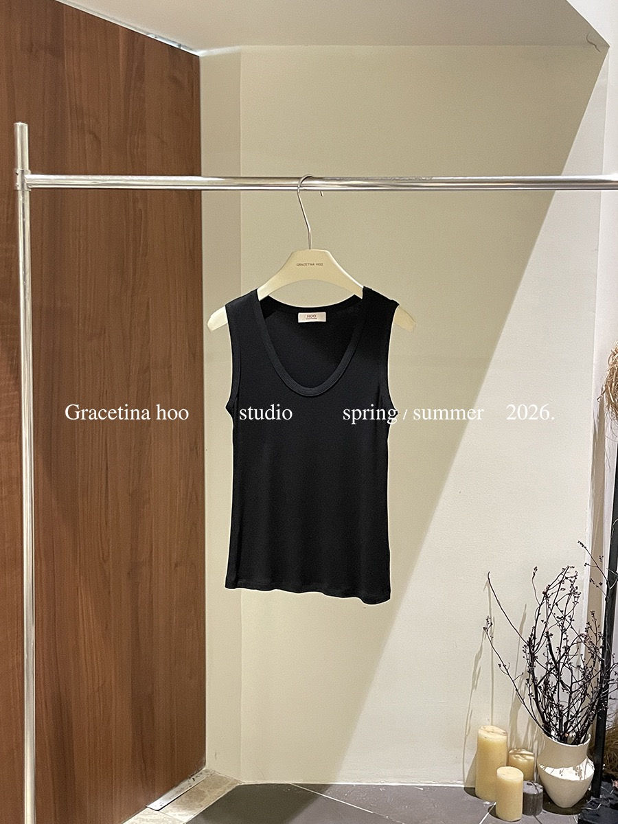 Thumbnail: Gracetina Hoo Minimalist Slim Fit Solid Color Tencel Wide U-Neck Top (BXB236)