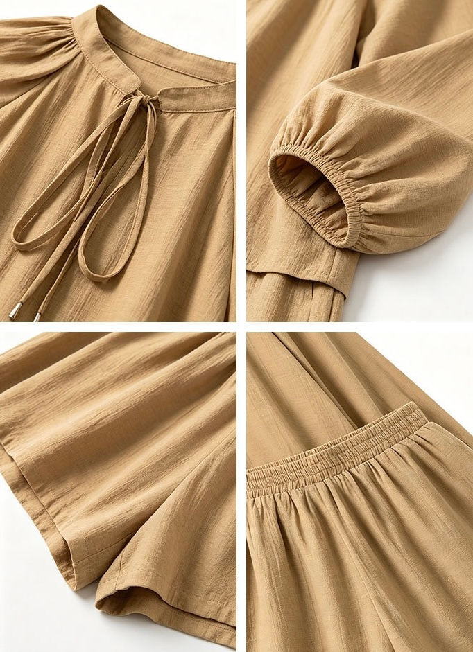 Thumbnail: Luxi Tie neck Stand Collar Shirt + High Waist Wide Leg Shorts Two Piece Sets (89