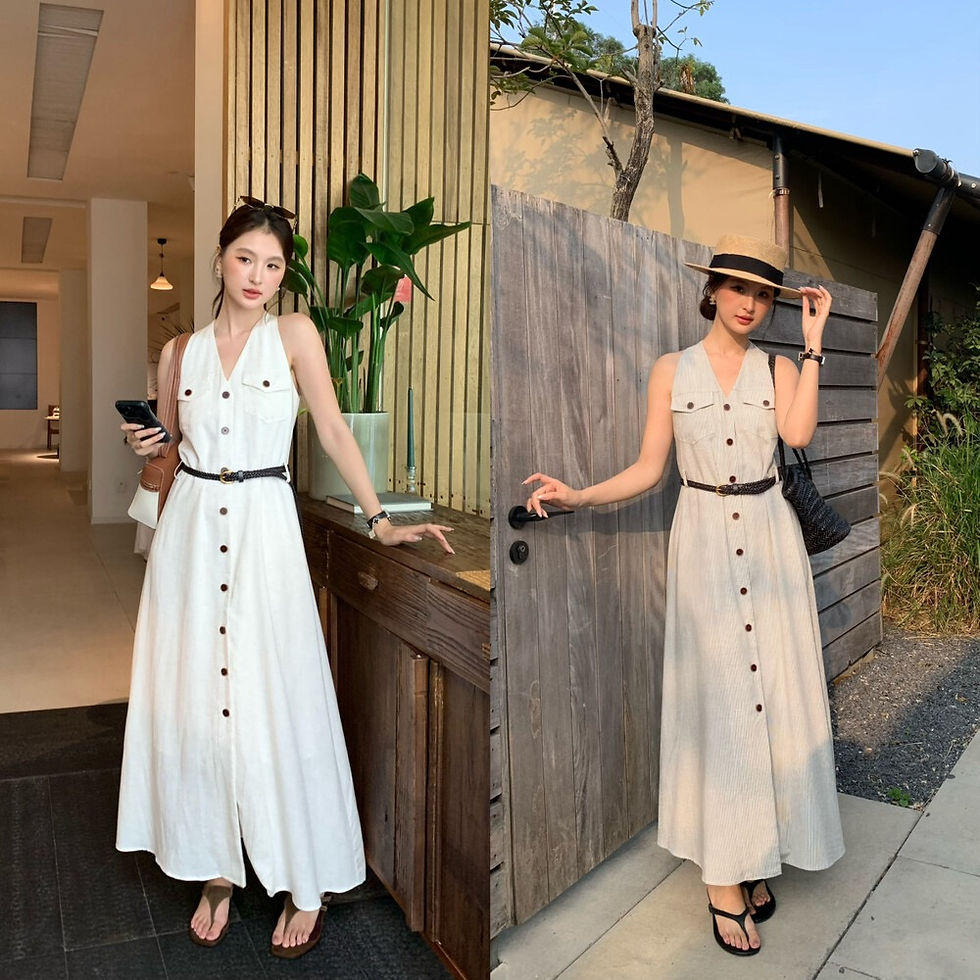 Thumbnail: SE GENTLE SUN Vintage Linen V-neck Sleeveless Dress (with belt) (88602)