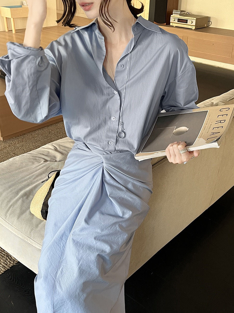 Thumbnail: Gracetina Hoo Wrap Style Tie Waist Pleated Shirt Dress (LYA890)