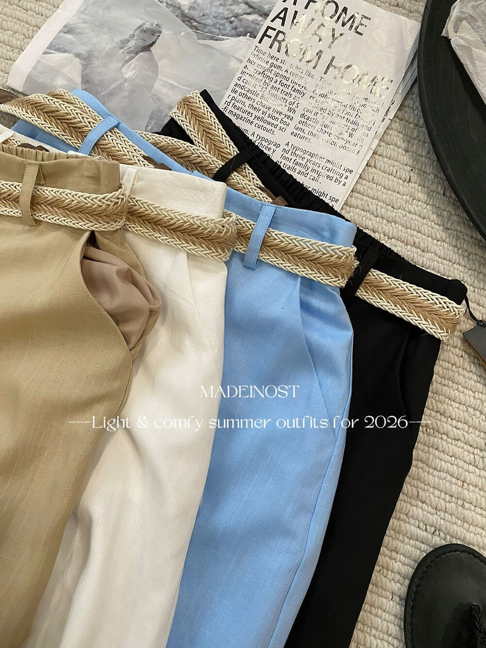 Thumbnail: MADEIN OST Linen Quality Elastic Waist Casual Pants (with belt) (91500)