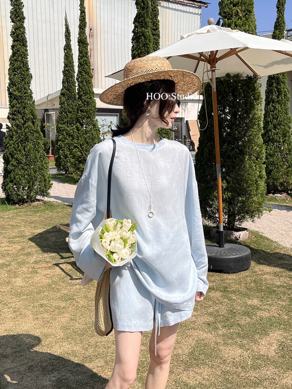 Gracetina Hoo French Style Minimalist Ribbed Collar Tencel Linen Oversized Top a