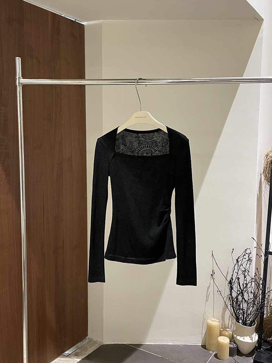 Thumbnail: Gracetina Hoo Wool Textured Jacquard Square Neck Top (TB4218)