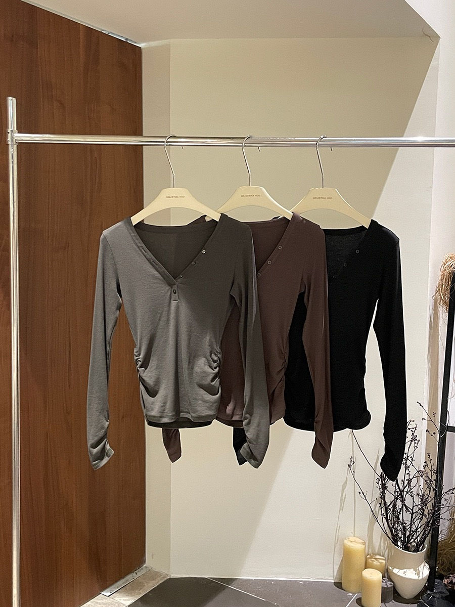 Thumbnail: GRACETINA HOO French Style V-Neck Button Long Sleeve T-Shirt Top (TB8154)